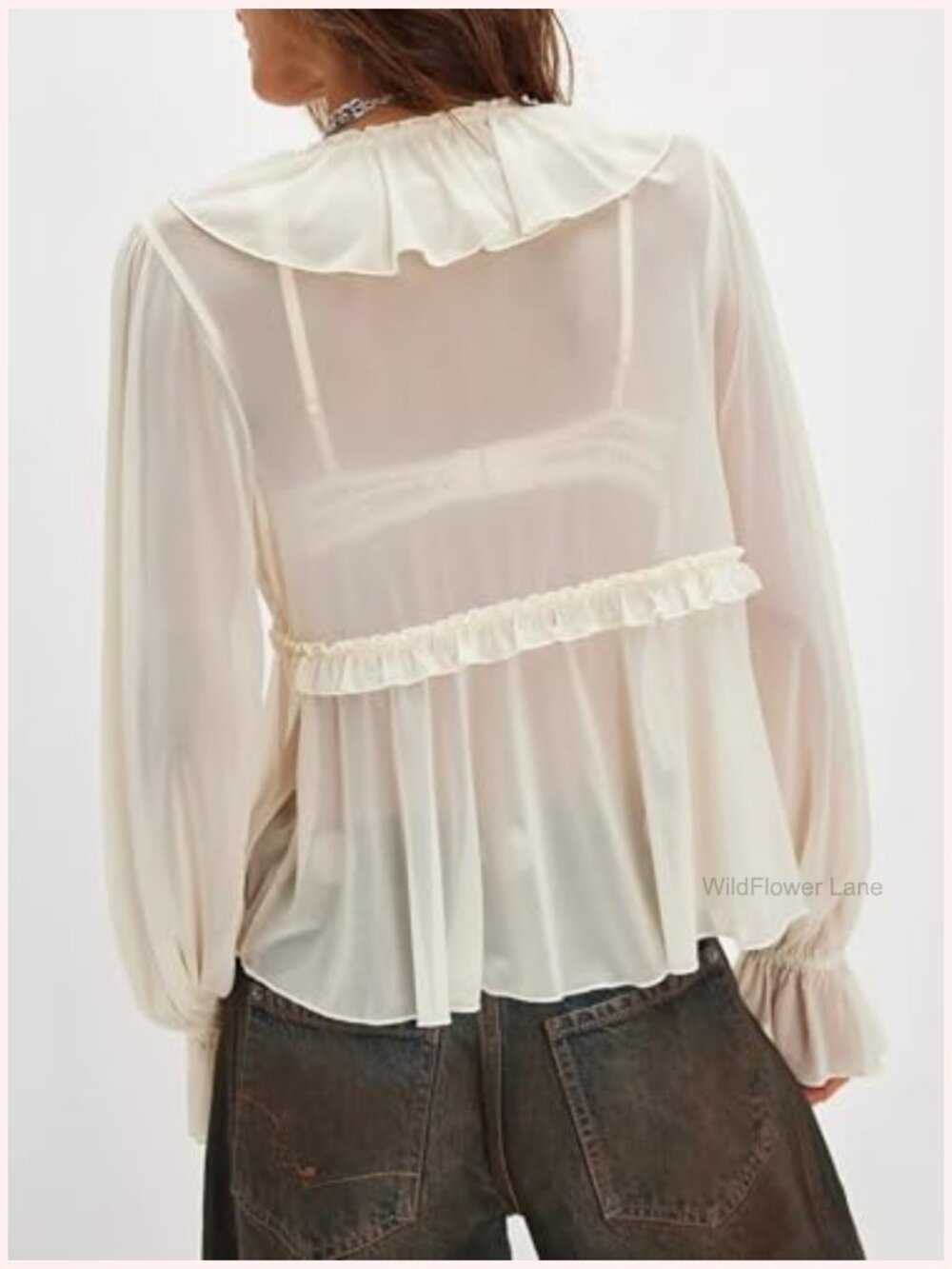 Sheer Long Sleeve V Neck Peplum Blouse Tie Front Ruffle Top - Picture 3 of 4